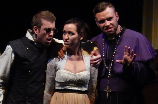 Oliver Trotter (Ferdinand), Caroline Ramos (The Duchess of Malfi), Thomas Timms (The Cardinal). Photo: J Gordon Hughes